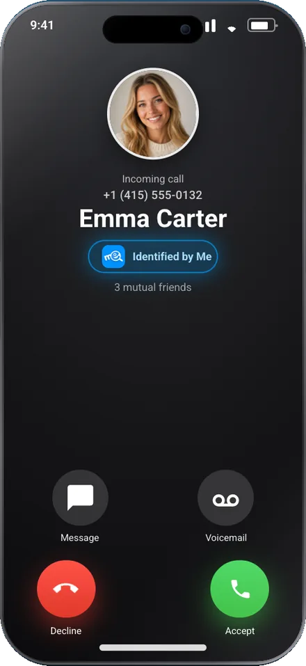 Live Caller ID on iPhone: an unknown number identified by Me on the iOS call screen while it rings